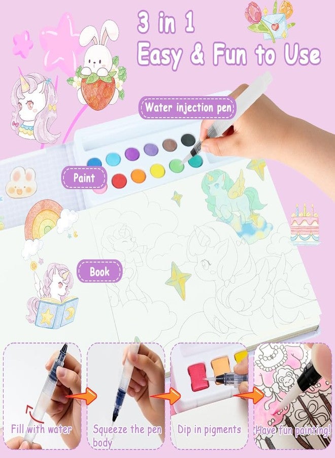 PATPAT® Cartoon Watercolor Coloring Book, Includes 18 Dreamy Cartoon Unicorn Castle Scenes Themes & 24Pcs Coloring Punched Bookmarks, 12-Color Water-Based Pigments, Brush Pen, Painting Instructions - Image 3